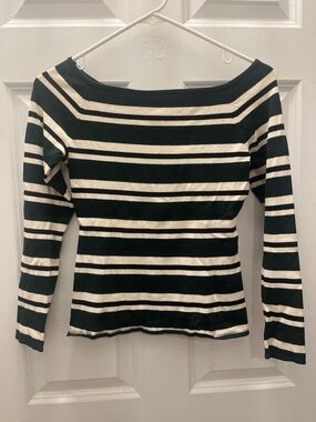 Green, Black & White Striped Long Sleeve Boatneck Top